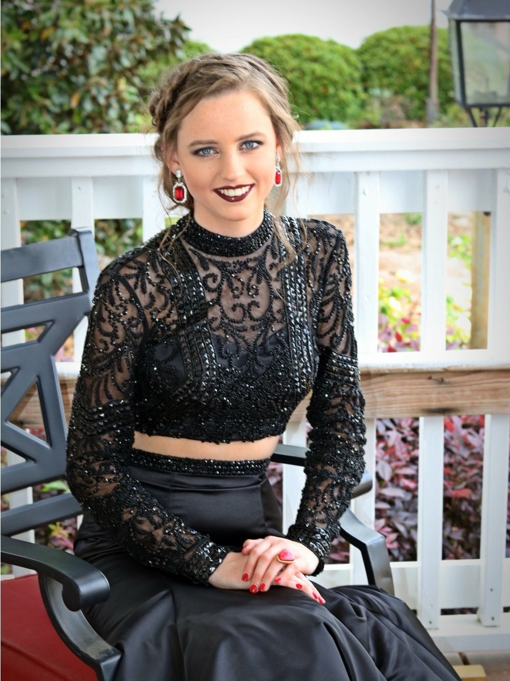 Sherri Hill Black Beaded Long-Sleeve Crop Top and Skirt Set